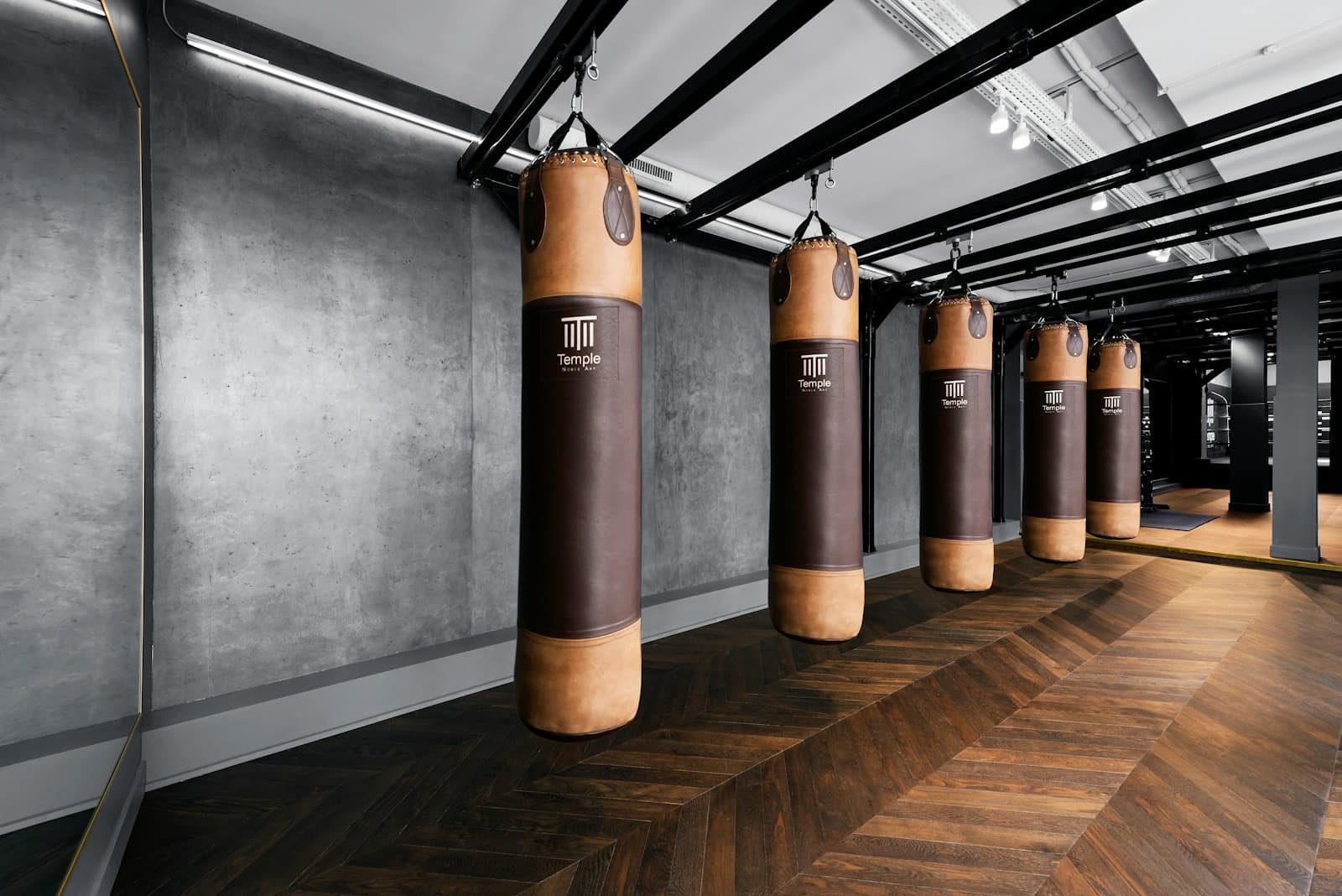 Sacos de boxeo colgados en fila